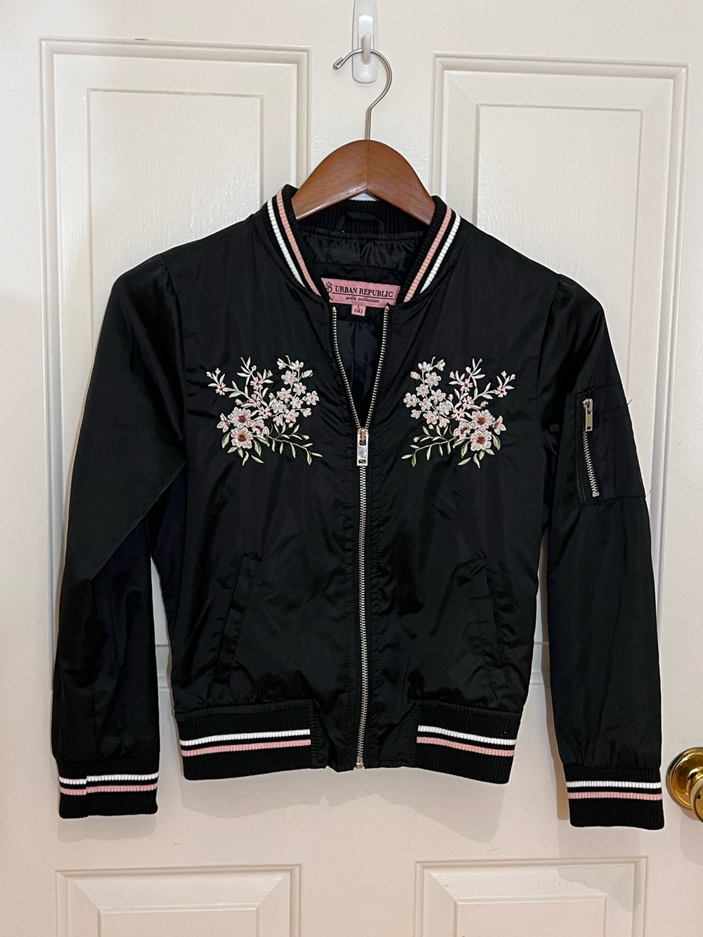 Urban Republic Silky Black Bomber Jacket with Pink & White Floral Embroidery